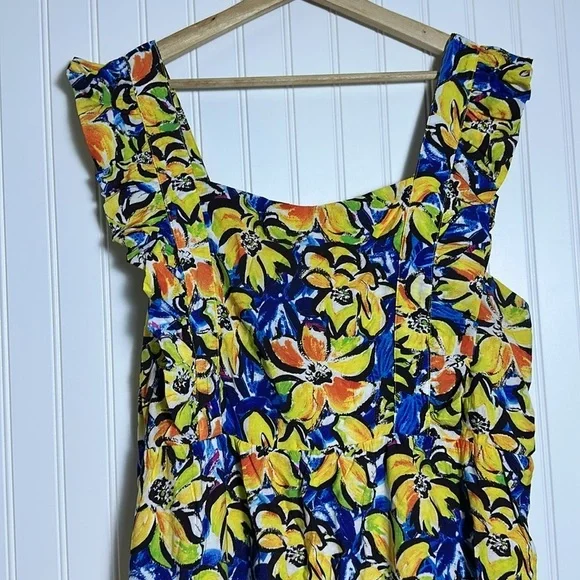 Skies are Blue Curvy, Size 1X floral Midi  dress, lined smoked Back ruffle trim - Picture 4 of 13